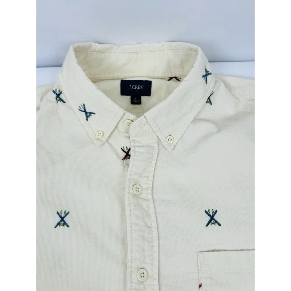 J. Crew Corduroy Shirt Mens Large Ivory Embroidered Ski Print Long Sleeve